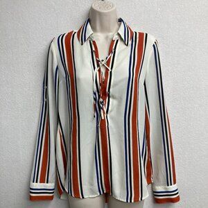 Express Orange Blue Striped Ladies Lace Up Blouse - Size S/P